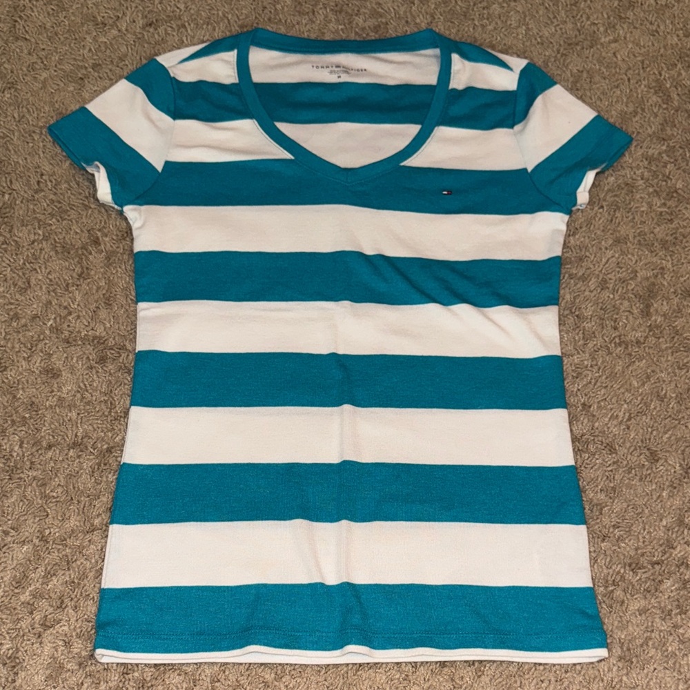 Tommy Hilfiger Women's Teal and White Striped Tee
